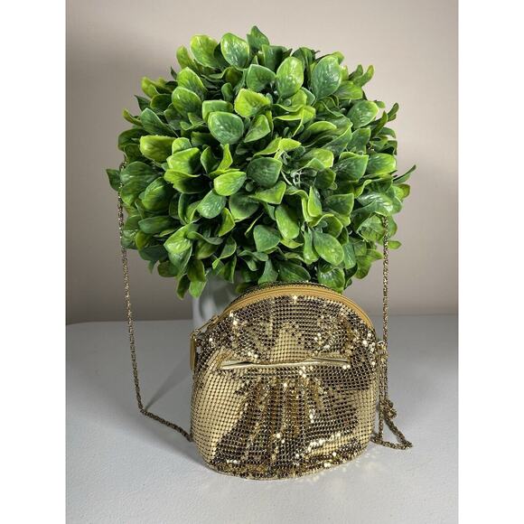 Paola Del Lungo Purse Small Shiny Metallic Gold Mesh Round Cocktail Wedding MINT - Picture 1 of 8